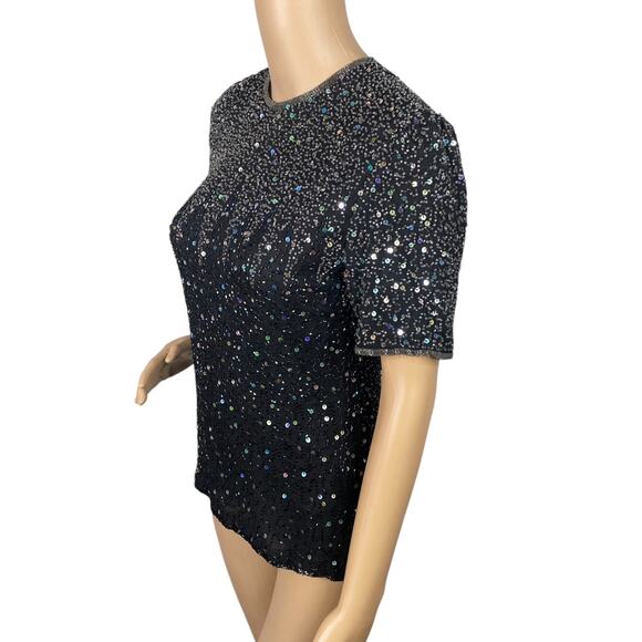 Patra Vtg Black Silver Iridescent Beaded Sequin Short Sleeve Blouse SZ PS - Picture 3 of 11